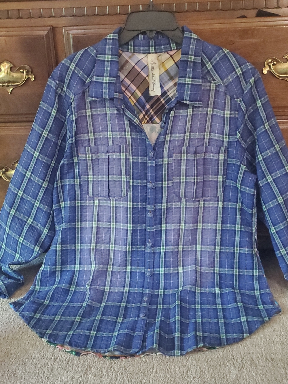 Aratta Blue and Lavender Plaid Button-Front Blouse
